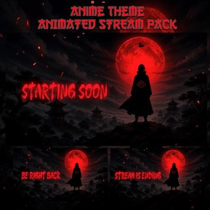 Peut inclure: Un pack de stream animé sur le thème anime présentant un paysage sombre avec une grande lune rouge, des silhouettes de bâtiments traditionnels et une silhouette encapuchonnée. Le texte inclut ANIME THEME ANIMATED STREAM PACK, STARTING SOON, BE RIGHT BACK, STREAM IS ENDING.