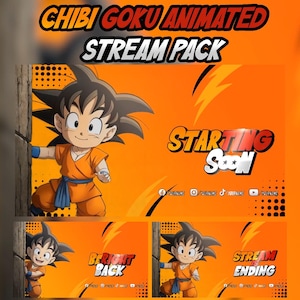 Peut inclure: Un pack de flux animé orange et jaune avec un personnage chibi Goku. Le pack comprend des graphiques avec le texte "Chibi Goku Animated Stream Pack", "Starting Soon", "Be Right Back" et "Stream Ending".