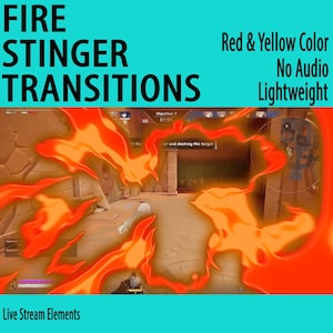 May include: A digital graphic with the text "FIRE STINGER TRANSITIONS" and "Live Stream Elements". The image features red and yellow fire-like graphics over a video game scene. Additional text includes "Red & Yellow Color", "No Audio", and "Lightweight".