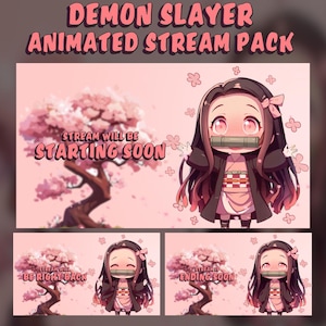 May include: Animated stream pack with a pink theme, featuring a character from Demon Slayer. The pack includes animated screens with text: "Demon Slayer Animated Stream Pack", "Stream Will Be Starting Soon", "Be Right Back", and "Ending Soon".