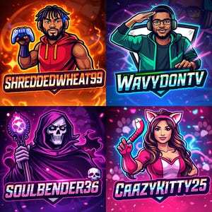 May include: Four vibrant cartoon avatars with text. The first depicts a man with a game controller and the text "SHREDDEDWHEAT99". The second shows a man saluting with the text "WAVYDONTV". The third features a grim reaper with the text "SOULBENDER36". The fourth shows a woman with cat ears with the text "CAAZYKITTY25".