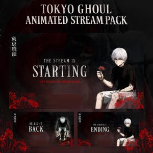 Può includere: Un pacchetto di arte digitale animata per lo streaming, con il testo "TOKYO GHOUL ANIMATED STREAM PACK". L'immagine principale mostra un personaggio con i capelli bianchi che tiene un fiore rosso. Altri pannelli dicono "THE STREAM IS STARTING", "BE RIGHT BACK" e "THE STREAM IS ENDING".
