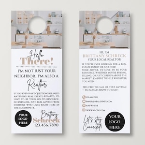 Puede incluir: Un colgador de puerta rosa y blanco con una foto de una cocina. El texto en el colgador de puerta dice "Hello There! I'm not just your neighbor, I'm also a Realtor." y "Brittany Schreck, Your Local Realtor".