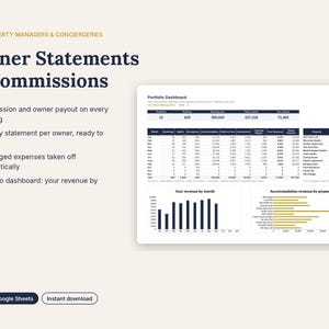 May include: A digital dashboard interface for property managers and conciergeries titled Owner Statements & Commissions. It displays financial data, booking metrics, and revenue charts in a spreadsheet format compatible with Excel and Google Sheets.