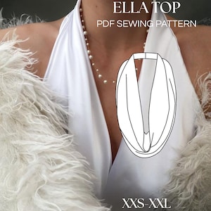 May include: White halter top with the text "ELLA TOP PDF SEWING PATTERN" and size range "XXS-XXL". The top is paired with a pearl necklace and a fluffy white shawl.