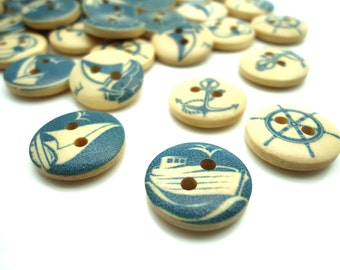 UK NAUTICAL 15MM ROUND WOODEN SEASIDE BUTTONS SEA OCEAN STARFISH BOAT 