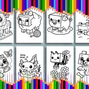 Può includere: Una collezione di otto pagine da colorare in bianco e nero con personaggi di animali a blocchi. Le immagini includono una mucca, una pecora, un maiale, una volpe, un gatto, un axolotl, un'ape e un cane. Ogni immagine è delineata con spesse linee nere.