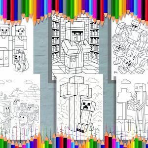 Minecraft-Inspired Coloring Pages | 6 Printable Mobs Scenes | Kids Activity | Pixel Art Coloring | Instant Download PDF