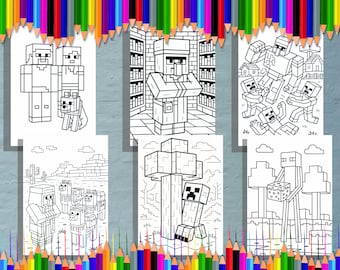 Minecraft-Inspired Coloring Pages | 6 Printable Mobs Scenes | Kids Activity | Pixel Art Coloring | Instant Download PDF