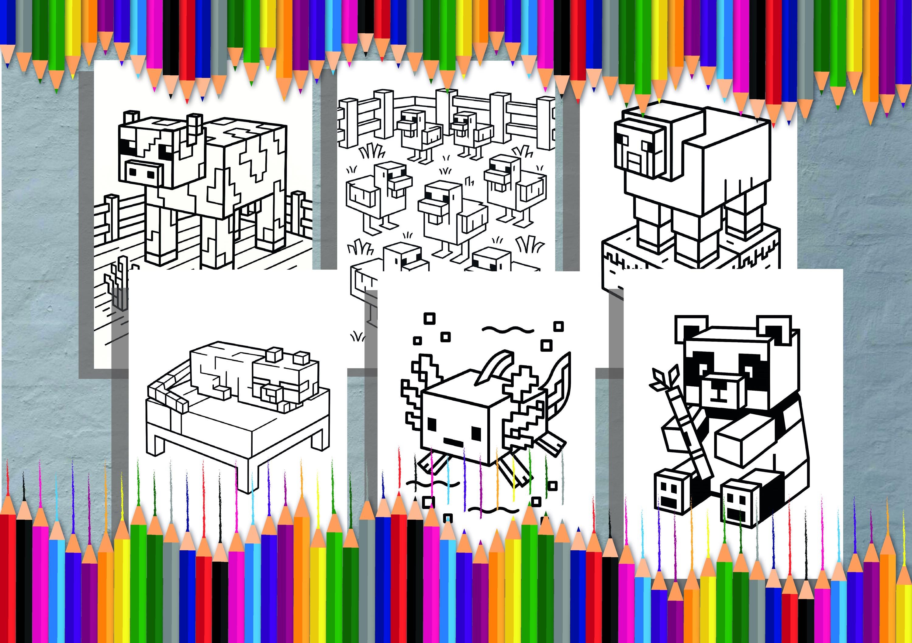 Minecraft風の平和なモブのぬり絵 – 印刷可能なPDF | 猫、牛、羊、鶏