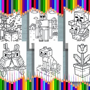 Minecraft-Inspired Coloring Pages | 6 Printable Mobs Scenes | Kids Activity | Pixel Art Coloring | Instant Download + PDF
