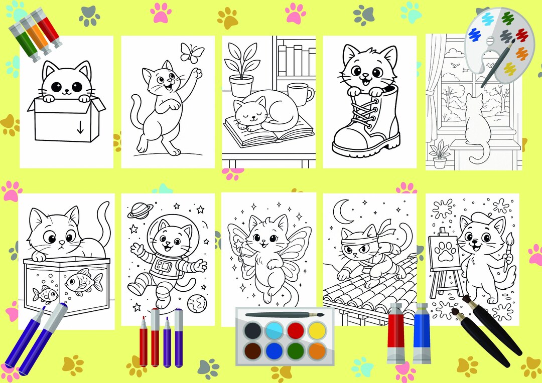 Cute Cat Coloring Pages – 10 Printable Line Art Sheets | Fun Digital ...