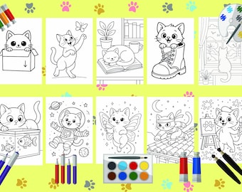 Cute Cat Coloring Pages – 10 Printable Line Art Sheets | Fun Digital Cat Activities for Kids & Adults | Instant Download PDF