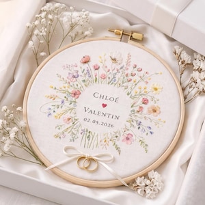 Personalized Embroidered Wedding Hoop, Floral Ring Holder, Custom Names and Date, Ring Bearer Alternative, Handmade Bridal Keepsake Wall Art