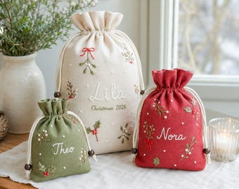 Personalized Christmas Gift Bag, Hand Embroidered Linen Drawstring Sack, Custom Name Holiday Gift Wrap, Reusable Santa Sack for Family Gifts