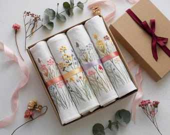 Set 4 Embroidered Linen Napkins – Wildflower Bouquet Design | 100% Linen Cloth Napkins | Wedding, Housewarming, Wedding Gift