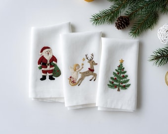Set 3 Embroidered Linen Christmas Napkins – Christmas Bouquet Design | 100% Linen Cloth Napkins | Christmas, Housewarming, Christmas Gift