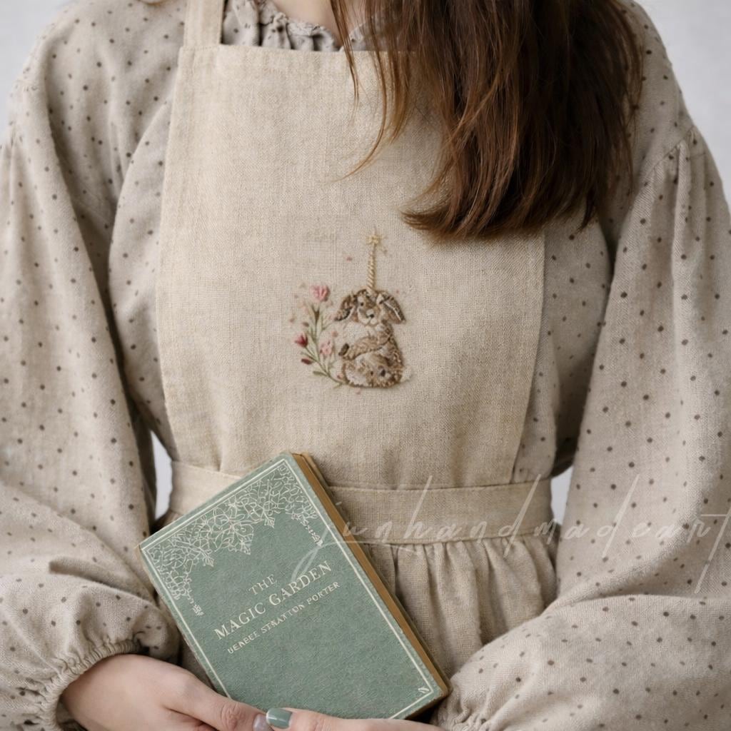 Custom Bunny Portrait Embroidered Linen Apron, Personalized Rabbit & Floral Apron, Handmade Cottagecore Pet Lover Gift for Her