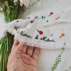 Personalized Embroidered Wedding Ribbon – Custom Linen Tie for Bouquet or Hair, Hand-stitched with Names & Date, Bridal Keepsake Gift