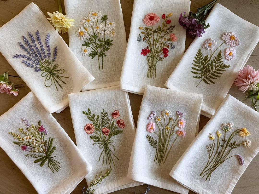 Embroidered Linen Napkins – Wildflower Bouquet Design | 100% Linen Cloth Napkins | Wedding, Housewarming, Mother's Day Gift - Set 8 Napkins (1), No, Thanks