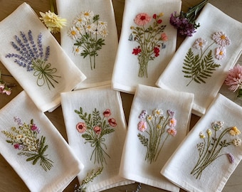 Embroidered Linen Napkins – Wildflower Bouquet Design | 100% Linen Cloth Napkins | Wedding, Housewarming, Mother's Day Gift