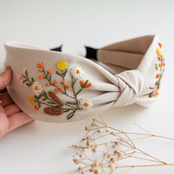 Hand Floral Embroidered Linen Knot Turban, Handmade Turban with Embroidery, Soft and Comfortable Turban, Hair Accessories Gift for Her