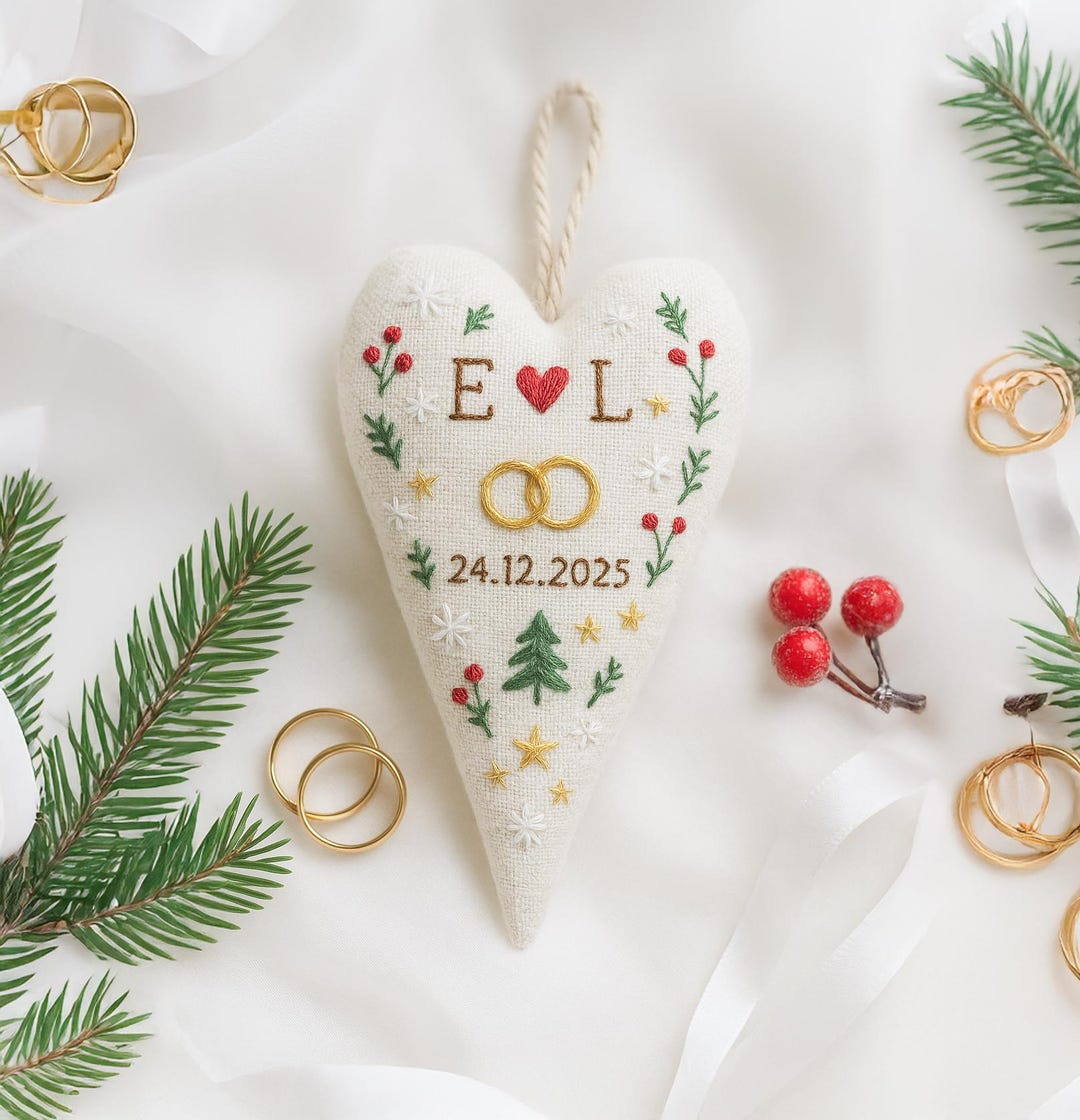 Personalized Hand Embroidered Wedding Heart Ornament