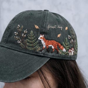 Fox Embroidered Cap, Woodland Forest Dad Hat, Mushroom Baseball Cap, Nature Lover Hat, Cottagecore Gift for Women, Handmade Wildlife Hat Her