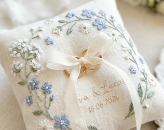 Personalized Embroidered Ring Bearer Pillow, Winter Flower Linen