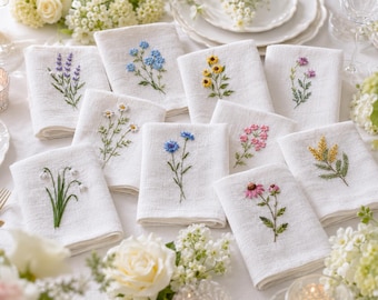 Set of 10 Embroidered Linen Napkins, Wildflower Dinner Napkins, Handmade Floral Table Decor, Cottagecore Wedding Gift for Bride Handmade