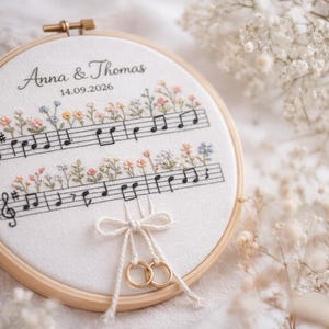Custom Wedding Song Embroidery Hoop, Personalized Music Sheet Hoop, Ring Bearer Alternative, Embroidered Wedding Gift, Names & Date