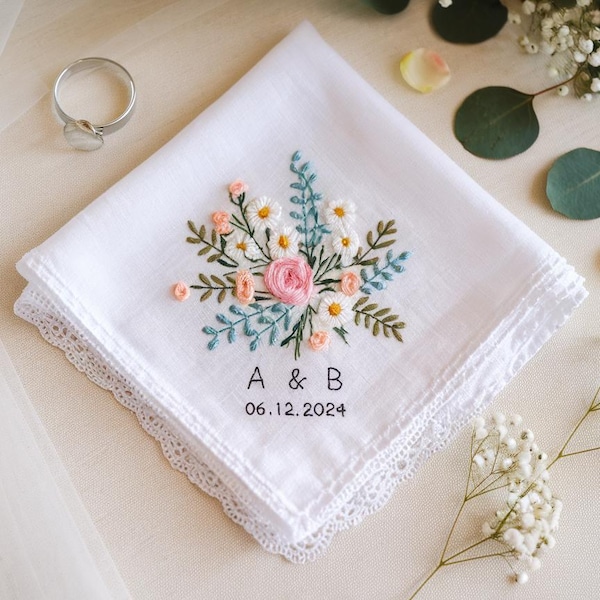 Embroidered Wedding Handkerchief – Custom Floral Hankie for Bride, Bridal Gift, Personalized with Name & Date, Gift for Bride