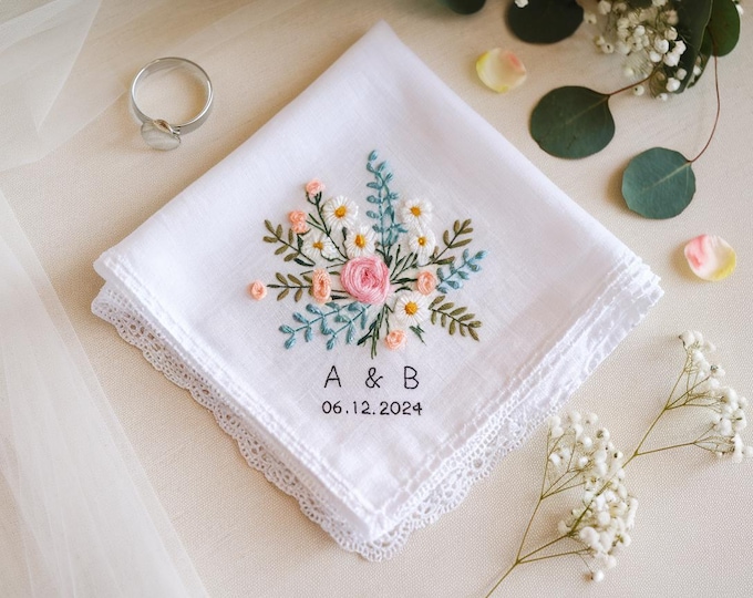 Embroidered Wedding Handkerchief – Custom Floral Hankie for Bride, Bridal Gift, Personalized with Name & Date, Gift for Bride
