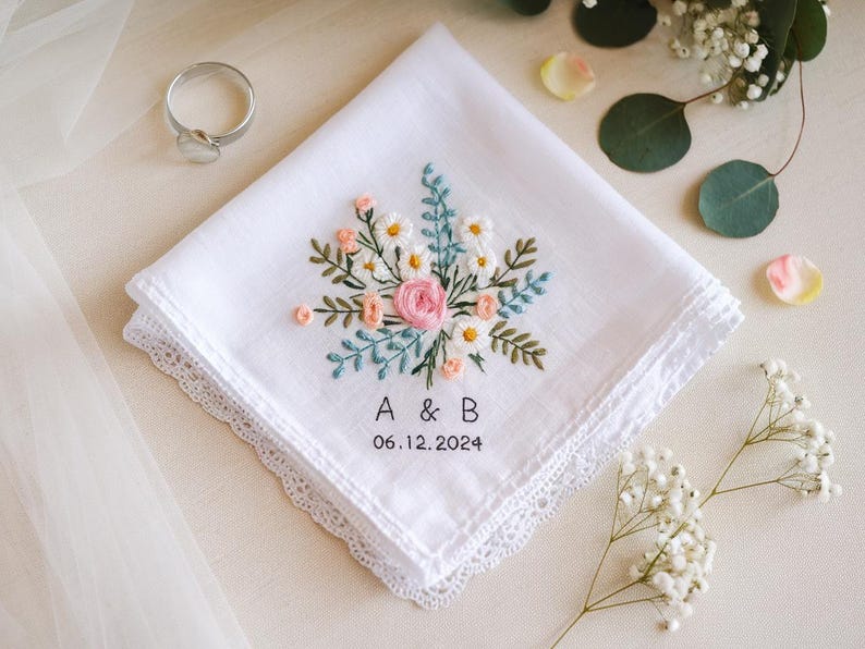 Embroidered Wedding Handkerchief – Custom Floral Hankie for Bride, Bridal Gift, Personalized with Name & Date, Gift for Bride