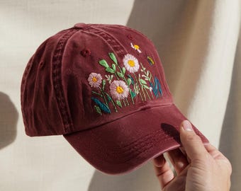 Embroidered Flower Hat – Vintage Washed Baseball Cap, Floral  display picture 1