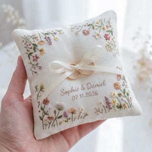 Personalized Floral Border Ring Bearer Pillow, Embroidered Wedding Pillow with Names Date, Custom Linen Ring Pillow, Handmade Wedding