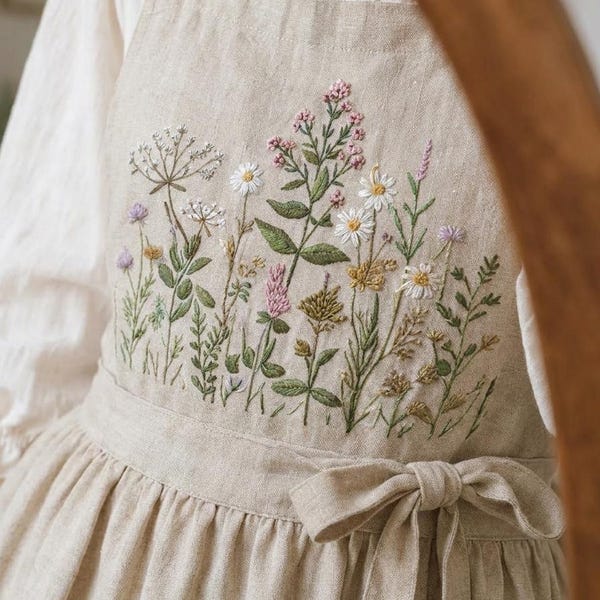 Hand Embroidered Linen Apron Dress, Wildflower Embroidery Dress, Cottagecore Linen Dress, Floral Rustic Apron, Vintage Farmhouse Dress