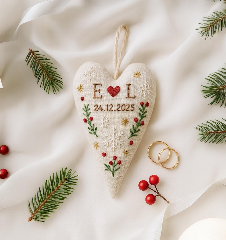 Personalized Wedding Heart Ornament – Hand Embroidered Linen Floral Ornament with Names & Date – Custom Wedding Christmas Gift Decoration