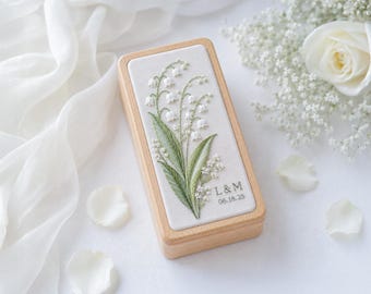 Lily of the Valley Wooden Ring Box, Personalized Embroidered Jewelry Box, Custom Initials Date, Wedding Ring Holder, Bridal Keepsake Gift
