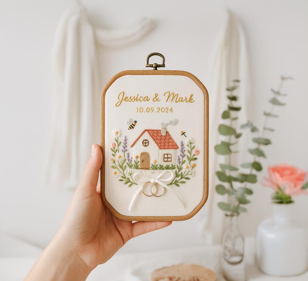 Custom Wedding Embroidery Hoop With Flowers and House – Personalized ...