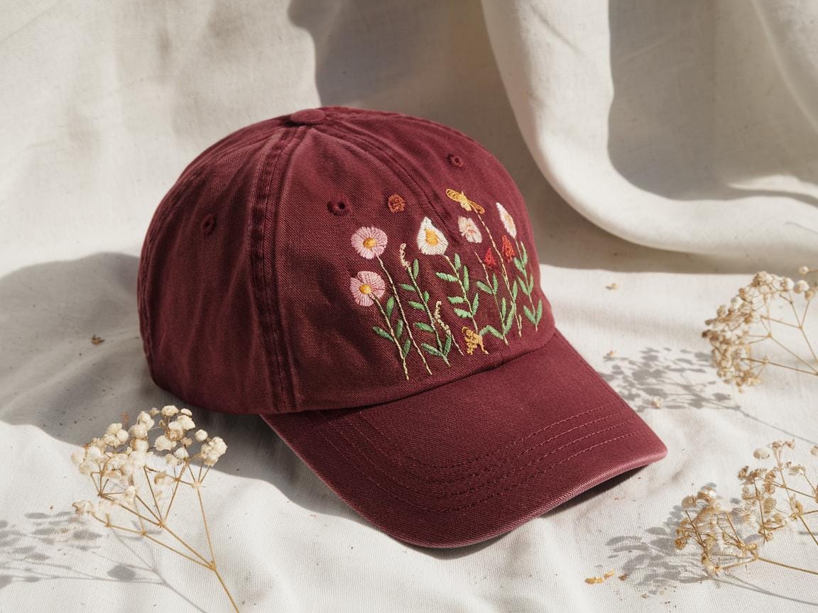 Embroidered Flower Hat – Vintage Washed Baseball Cap, Floral  display picture 1