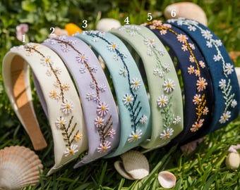 Hand Embroidered Floral Headband, Wildflower Cottagecore Hairband, Vintage Style Gift, Boho Embroidery Hair Accessory