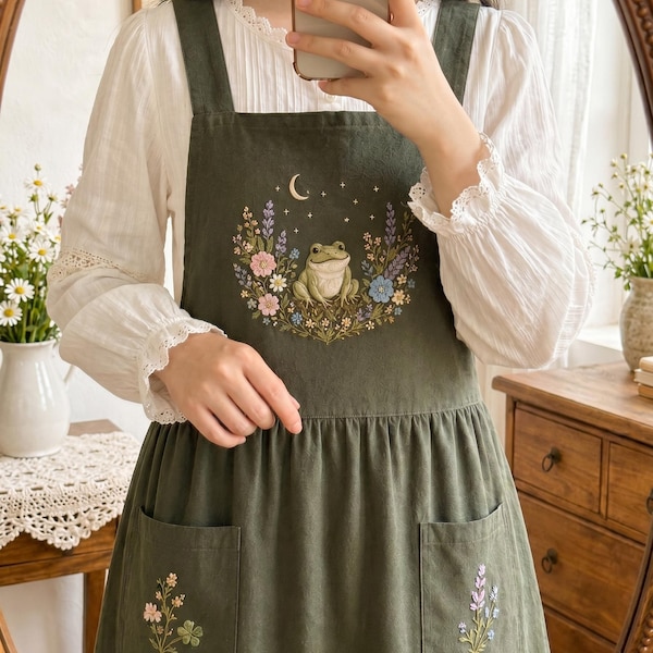 Cute Custom Embroidered Frog Apron, Cottagecore Floral Pinafore, Moon Stars Floral Hand Embroidery Apron, Personalized Gardener Gift for Her