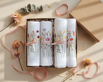 Set 4 Embroidered Linen Napkins – Wildflower Bouquet Design | 100% Linen Cloth Napkins | Wedding, Housewarming, Wedding Gift