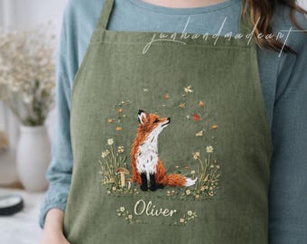 Personalized Fox Linen Apron, Hand Embroidered Woodland Animal Apron with Name, Cottagecore Autumn Apron, Custom Gift for Her