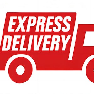 以下が含まれることがあります： 白い文字で「EXPRESS DELIVERY」と書かれた赤い配達トラックのグラフィック。トラックには2つの車輪、キャブ、貨物エリアがあります。トラックの側面からは3本の水平線が伸びており、速度を示唆しています。