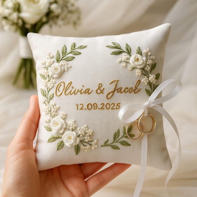 Personalized Embroidered Ring Bearer Pillow, Custom Linen Wedding Cushion, Hand Embroidery Ring Holder, Floral Ring Pillow, Wedding Gift
