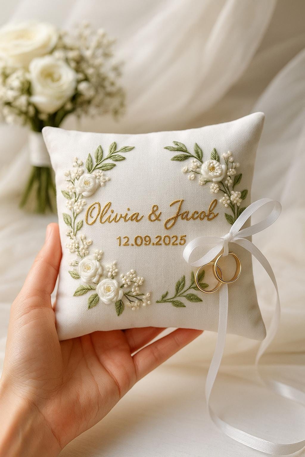 Personalized Embroidered Ring Bearer Pillow, Custom Linen Wedding Cushion, Hand Embroidery Ring Holder, Floral Ring Pillow, Wedding Gift