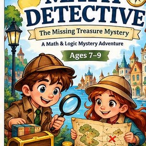Könnte beinhalten: Ein Buchcover mit dem Titel Math Detective: The Missing Treasure Mystery, A Math & Logic Mystery Adventure, Ages 7-9. Es zeigt zwei Zeichentrickfiguren mit Entdeckerhüten, eine Lupe, eine Schatztruhe und eine Schatzkarte.