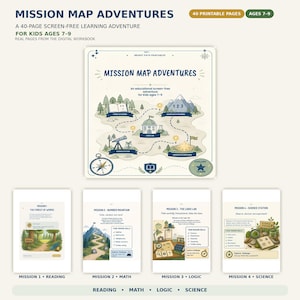 Könnte beinhalten: Ein 40-seitiges, ausdruckbares digitales Arbeitsbuch mit dem Titel Mission Map Adventures für Kinder im Alter von 7-9 Jahren. Die Hauptseite zeigt eine Karte mit Illustrationen von Wald, Bergen, Labor und Wissenschaftsstation sowie vier einzelne Missionsseiten.